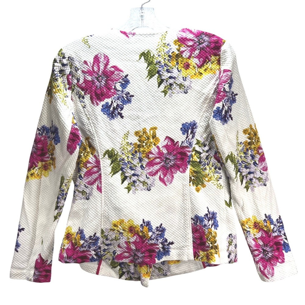 Susan Graver Floral Moto Jacket White Textured Waffle Knit Asymmetric Zip Size 6 - Picture 13 of 15